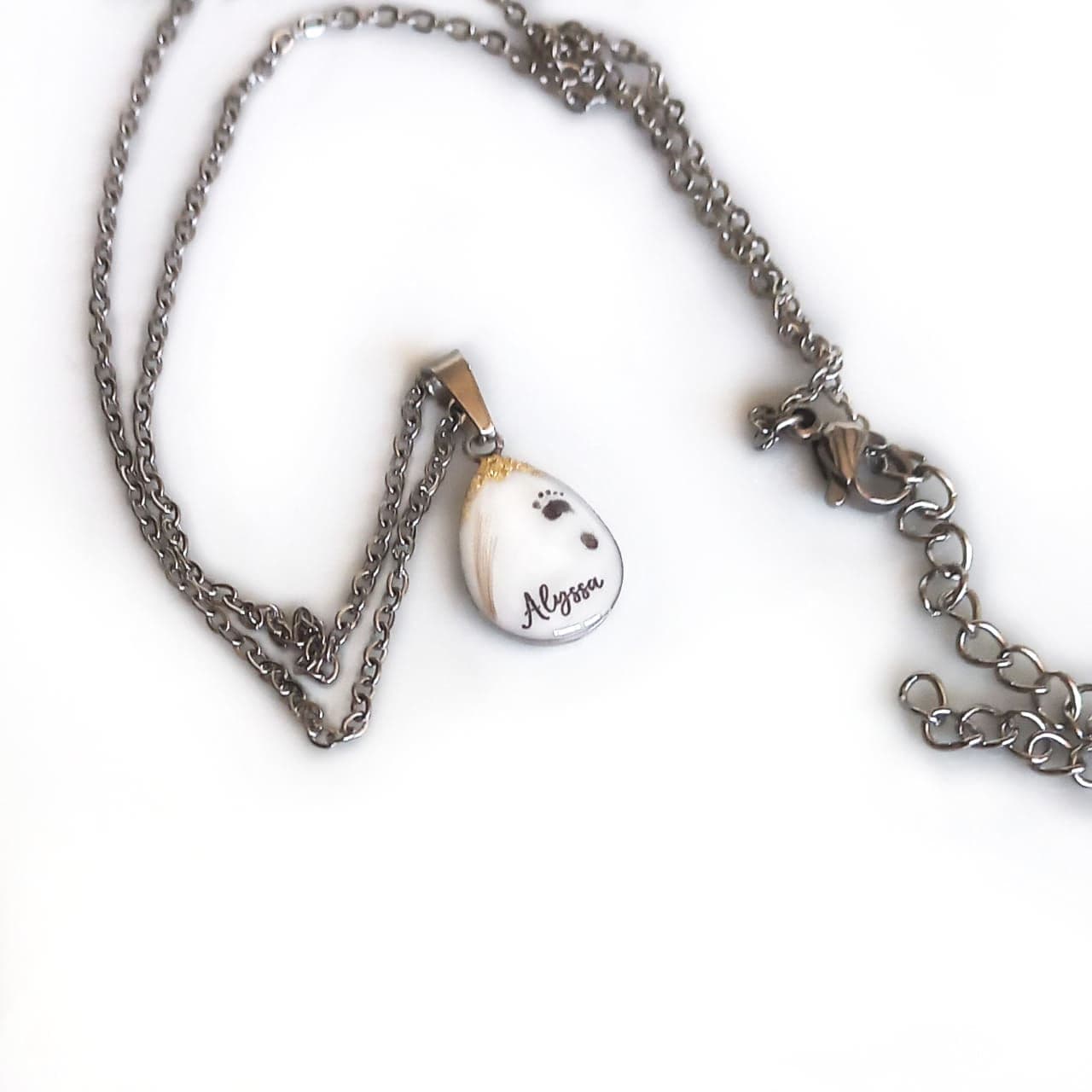 Drop pendant with breast milk, name, footprint, hair & gold leaf & Necklace